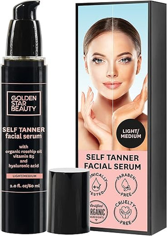 GOLDEN STAR BEAUTY - Bronzeador Facial – Sérum Autobronzeador com Ácido Hialurônico e Óleos Orgânicos, Melhores Vendedores de Autobronzeadores, Autobronzeador Facial para um Brilho Natural de Beijo de Sol, Hidratante Autobronzeador, 60 ml (Leve…)