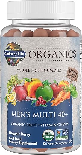 Organics Men 40 Gummy Vitamins – Berry – Certificado Orgânico, Não-OGM, Vegano, Kosher – Multi Completo – Metil B12, C - Garden of Life
