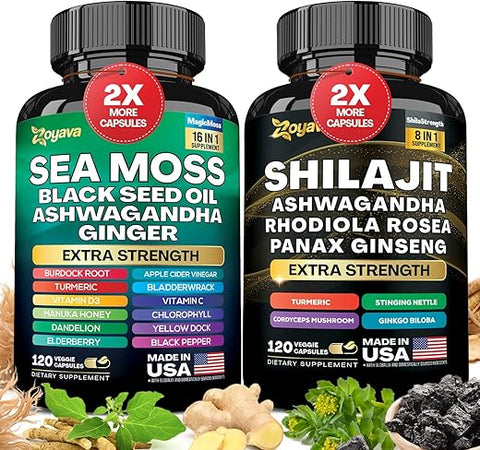 Dynamic Vitality Bundle: Sea Moss e Shilajit, Sea Moss 7000mg, Óleo de Semente Negra 4000mg, Ashwagandha 2000mg, Gengibre - Zoyava