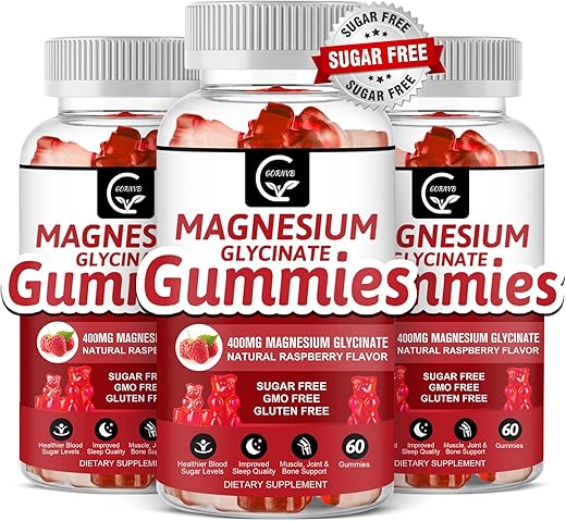 GORNVB - Magnesium Glycinate Gummies 400mg – Suplemento de Magnésio Glicinato em Gomas – Complexo de Magnésio Quelato de Potássio com VitD, B6, CoQ10 – Suporte para Memória, Calma, Humor