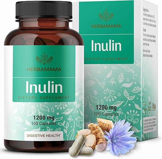 Cápsulas de Inulina – 1200 mg de Raiz de Chicória Inulina, Suplemento de Fibra Prebiótica – Pó de Inulina para Saúde Intestinal - HERBAMAMA