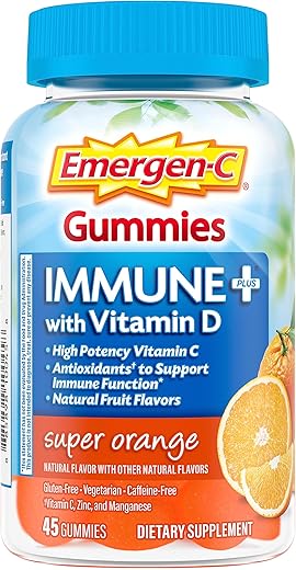 Gummies Imune, Vitamina D + 750 mg Vitamina C, Suplemento Dietético de Suporte Imunológico, Sem Cafeína, Sem Glúten, Sabor Laranja Super – 45 Unidades - Emergen-C