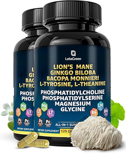 LetaGreen - Suplemento de Cápsulas de Leão Orgânico – 240 Cápsulas de Leão Mane Real Mushrooms com Erva Ginkgo Biloba, Bacopa Monnieri – Suporte à Clareza – Suplemento de Cogumelo Leão Mane