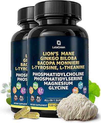 LetaGreen - Suplemento de Cápsulas de Leão Orgânico – 240 Cápsulas de Leão Mane Real Mushrooms com Erva Ginkgo Biloba, Bacopa Monnieri – Suporte à Clareza – Suplemento de Cogumelo Leão Mane