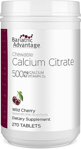 Cálcio Citrato Mastigável 500mg com Vitamina D3 para Pacientes de Cirurgia Bariátrica, Incluindo Bypass Gástrico e Gastrectomia Vertical, Baixo Açúcar – Cereja Silvestre - Bariatric Advantage