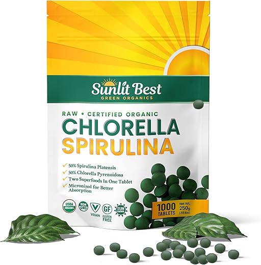 Sunlit Best Green Organics - Sunlit – Comprimidos de Chlorella Spirulina Orgânica – Superalimento Puro com Algas Azul-Verdes e Clorofila – 100g