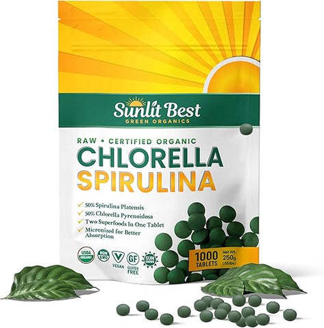 Sunlit Best Green Organics - Sunlit – Comprimidos de Chlorella Spirulina Orgânica – Superalimento Puro com Algas Azul-Verdes e Clorofila – 100g