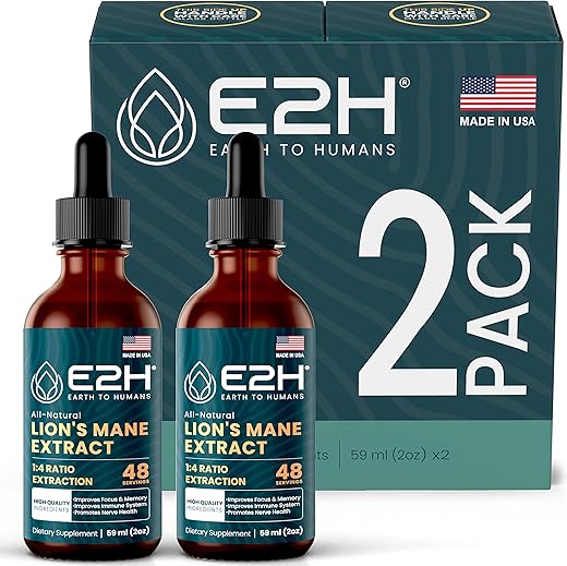 E2H EARTH TO HUMANS - Lions Mane Líquido – Suplemento de Cogumelo do Leão – Promove Clareza Mental, Memória – 30ml