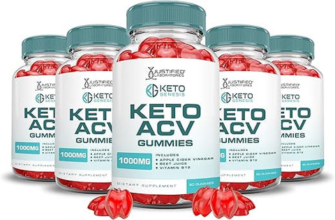 Justified Laboratories - (5 Pacotes) Gomas Keto Genesis Keto ACV Fórmula Avançada 1000MG Gomas Keto Genesis Keto Vinagre de Maçã Formulado com Suco de Romã em Pó B12 Vegano Não GMO 300g