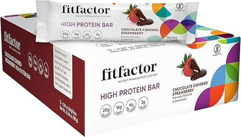 FITFACTOR WEIGHT MANAGEMENT SYSTEM - Fitfactor Barra de Alta Proteína, Suporte para Controle de Peso, Reduzir Desejos, Morango Coberto com Chocolate (12 Barras)
