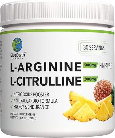 BlueEarth Company - L-Arginina 5000mg L-Citrulina 2000mg Pó Complexo – Impulsionador de Óxido Nítrico – Saúde Cardíaca, Circulação, Energia