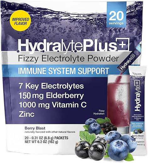Electrolytes Plus Immunity – Pó de Reidratação Rápida com Baixo Teor de Açúcar, Vitamina C de 1.000mg e 300mg de Sabugueiro - Hydralyte