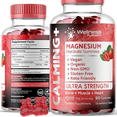WELLNESS LABSRX - Gomas de Magnésio Glicinato – 1000 mg – Suporte para Relaxamento, Alívio do Estresse, Saúde do Coração – Gomas Mastigáveis de Magnésio para Adultos – Sabor Morango