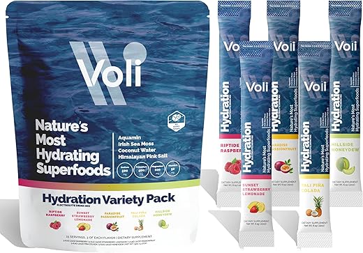 VOLI WELLNESS - Voli Hydration: Pack Variado, Hidratação Superfood, Irish Sea Moss, Aquamin (Magnésio Natural), Água de Coco, Sal Rosa do Himalaia, Hidratação com Baixas Calorias, 15 Porções (1 Embalagem)