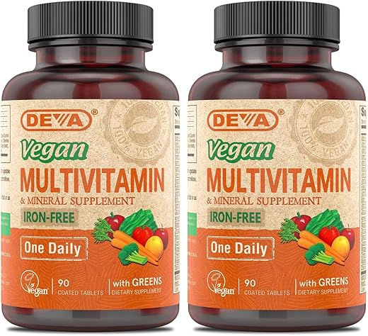 Vegan Multivitamínico e Suplemento Mineral – Fórmula Diária com Verdes – Livre de Ferro – 90 Comprimidos Revestidos (Pacote com 2) - DEVA
