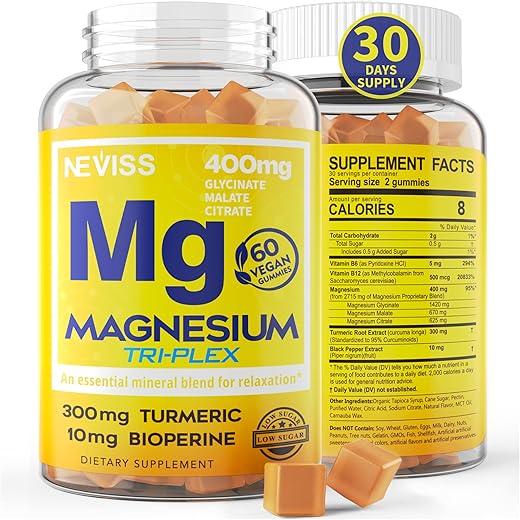 NEVISS - Magnésio Gummies com Cúrcuma 300mg, Complexo de Magnésio | 400mg Glicinato, Malato, Citrato para Calma, Nervos, Energia, Cãibras Musculares, Absorção Extra Mastigável, Baixo