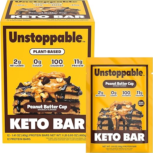 Unstoppable Foods - Barras de Proteína Keto Zero Açúcar UNSTOPPABLE – Sabor Manteiga de Amendoim – Pack com 12 Barras Energéticas – Baixo Carboidrato – Lanches de Baixa Caloria – Alta Fibra, Amigáveis para Diabéticos