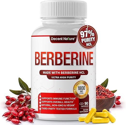 DECENT NATURE - Berberine 1800mg – Premium Berberine HCl 97%% Alta Pureza Berberine Plus, Suporte ao Sistema Imunológico, Alta Potência Berberine Hydrochloride, Não-OGM Vegano, para Homens Mulheres 90