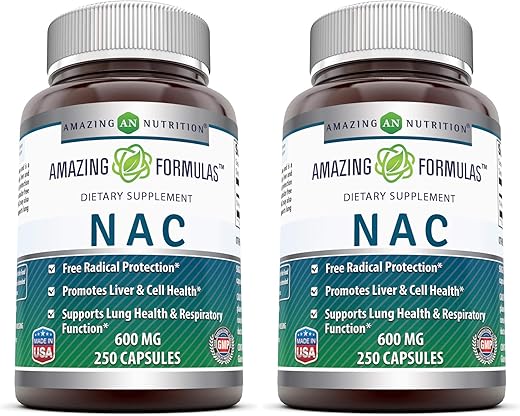 Amazing Nutrition - Amazing Formulas NAC 600 Mg | Suplemento de N-Acetil Cisteína | Cápsulas | Livre de Transgênicos | Sem Glúten | Fabricado nos EUA (2 Pacotes, 250 Unidades)