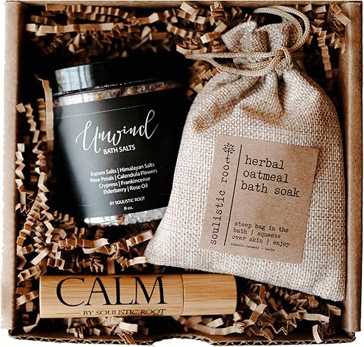 soulistic root - Conjunto de Presente Relaxante para Banho para Mulheres, Presentes de Spa para o Dia das Mães, Produtos de Cuidados Pessoais para Mulheres, Óleo Essencial Calmante em Roll-on, Banho de Aveia e Lavanda e Sais de Epsom com Óleos Essenciais