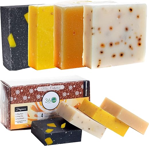 360Feel - Sabonete Artesanal 360 Feel para Homens – Fragrância Masculina – Patchouli, Alcatrão de Pinheiro com Cera de Abelha e Carvão Vegetal – Pack Presente – Sabonete Natural para Homens – Presente para Ele – Bay Rum – 4 Unidades (Pack de 1)