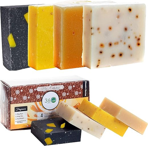 360Feel - Sabonete Artesanal 360 Feel para Homens – Fragrância Masculina – Patchouli, Alcatrão de Pinheiro com Cera de Abelha e Carvão Vegetal – Pack Presente – Sabonete Natural para Homens – Presente para Ele – Bay Rum – 4 Unidades (Pack de 1)