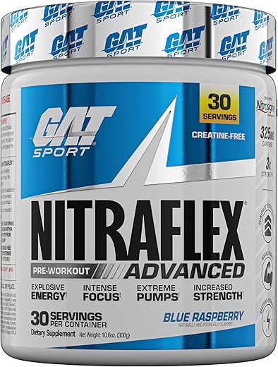 Nitraflex Advanced: Pó Pré-Treino, Aumenta Fluxo Sanguíneo, Potencializa Força e Energia, Melhora Desempenho nos Exercícios (Blue Raspberry, 30 Porções) - GAT SPORT