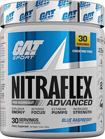 Nitraflex Advanced: Pó Pré-Treino, Aumenta Fluxo Sanguíneo, Potencializa Força e Energia, Melhora Desempenho nos Exercícios (Blue Raspberry, 30 Porções) - GAT SPORT