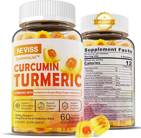 NEVISS - Gomas Recheadas de Cúrcuma Curcumina Sem Açúcar 550mg para Adultos, Gengibre 550g