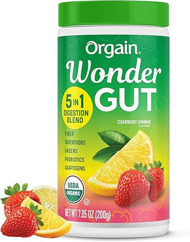 Pó de Suplemento de Fibra Orgânica para o Intestino Maravilhoso, 5 em 1 com 1 Bilhão de Probióticos, Verdes, Vitamina C, Adaptógenos para a Saúde Intestinal e Suporte Imunológico, Não-OGM, Morango - Orgain