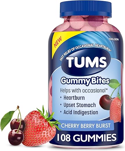 Gummy Bites – Alívio Ocasional de Azia, Má Digestão e Desconforto Estomacal – Sabor Explosão de Cereja e Frutas Vermelhas – 108 Unidades - TUMS