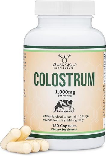 Double Wood Supplements - Suplemento de Colostro em Cápsulas 120 Unidades, 1.000mg por Porção (Pó de Colostro Bovino da Primeira Ordenha, Padronizado para Conter 15%% de Imunoglobulinas IgG) Sem Aditivos, Testado por Terceiros