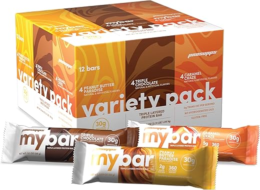 PROSUPPS - ProSupps MYBAR Barra de Alta Proteína, Sem Glúten, 30g de Proteína, Baixo Teor de Açúcar, Perfeita para Levar – Snack de Proteína Triplo (12 Barras, Sabor Manteiga de Amendoim, Triplo Chocolate,…)