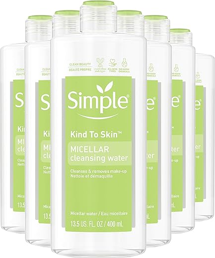 Cleansing Water Micelar Simple Kind to Skin 13.5 oz, Pack of 6 – Remove Maquiagem e Hidrate a Pele em 90% – Embalagem Pode Variar