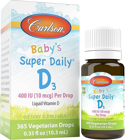 Super Daily D3 para Bebês, Gotas de Vitamina D para Bebês, 400 UI (10 mcg) por Gotas, Suprimento de 1 Ano, Vegetariano, Vitamina D Líquida para Bebês e Crianças Pequenas, Sem Sabor, 365 Gotas - Carlson