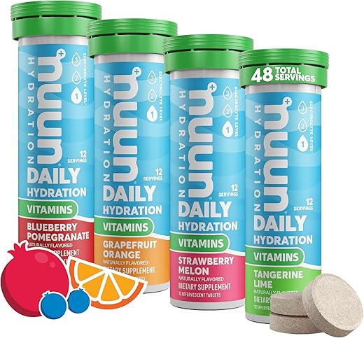 Hydration Vitamins – Tabletes de Eletrólitos, Frutas Variadas, 5 Eletrólitos Essenciais para Hidratação – Vitaminas A, B6, C, D, E, com Magnésio – Vegano, Não-OGM – 4 Pacotes (48 Porções) - Nuun