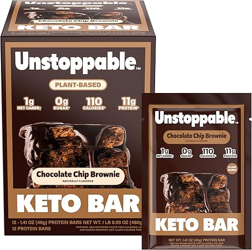 Unstoppable Foods - Barras de Proteína Keto Zero Açúcar UNSTOPPABLE – Chocolate Chip Brownie – Pack com 12 Barras Energéticas – Barras de Proteína Low Carb – Snacks de Baixa Caloria – Alta Fibra, Amigáveis para Diabéticos, Sem Glúten