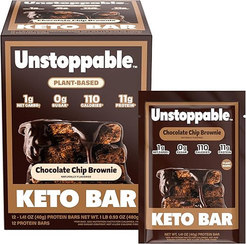 Unstoppable Foods - Barras de Proteína Keto Zero Açúcar UNSTOPPABLE – Chocolate Chip Brownie – Pack com 12 Barras Energéticas – Barras de Proteína Low Carb – Snacks de Baixa Caloria – Alta Fibra, Amigáveis para Diabéticos, Sem Glúten