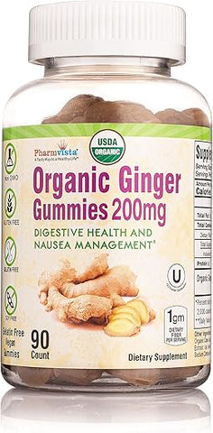 Pharmvista - Gengibre Orgânico USDA 200mg 90 Unidades para Controle de Náuseas e Saúde Digestiva – Marca Gummies