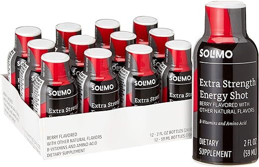Amazon Brand – Solimo Energy Shot, Sabor de Frutas Vermelhas, 60 ml (Embalagem com 12 unidades)
