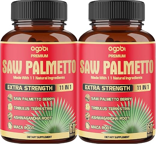 agobi - 2 Pacotes 60 Unidades 4 Meses – Cápsulas de Saw Palmetto 5300 mg – 11 em 1 com Ashwagandha, Cúrcuma, Tribulus, Maca, Chá Verde, Manjericão Sagrado