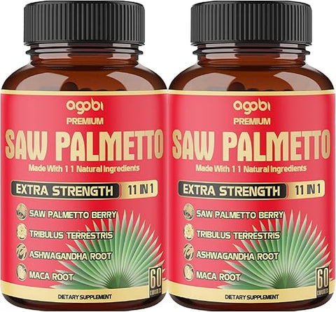 agobi - 2 Pacotes 60 Unidades 4 Meses – Cápsulas de Saw Palmetto 5300 mg – 11 em 1 com Ashwagandha, Cúrcuma, Tribulus, Maca, Chá Verde, Manjericão Sagrado