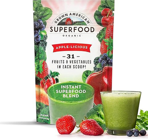 GA Grown American - Grown American Superfood – Pó Verde Concentrado de 31 Frutas e Vegetais Orgânicos Aumenta Energia e Desempenho – 100% Certificado Orgânico e Vegano Não-OGM (28g)