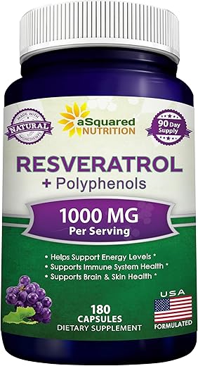 Resveratrol Natural com Extrato de Vinho Tinto – 180 Cápsulas – Suplemento Antioxidante Trans Resveratrol para Saúde do Coração Puro – Extra Forte - aSquared Nutrition