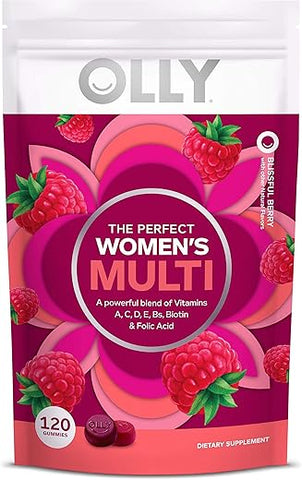 Gummy Multivitamínico Feminino, Vitaminas A, D, C, E, Biotina, Ácido Fólico, Sabor de Frutas Vermelhas, Suprimento de 60 Dias – 120 Unidades - OLLY