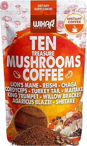 WIXAR NATURALS - Café de Cogumelo Wixar – Pó Instantâneo de Café com Extrato de Dez Tesouros de Cogumelos com Leão da Montanha, Cauda de Peru, Reishi, Chaga, Shiitake, Maitake, Cordyceps – 140g