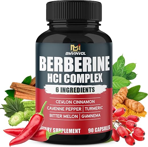 BMVINVOL - Cápsulas de Berberina com Pimenta Caiena, Canela do Ceilão, Cúrcuma, Gymnema, Melão Amargo – Suplemento de Raiz de HCI de Berberina – Sistema Imunológico