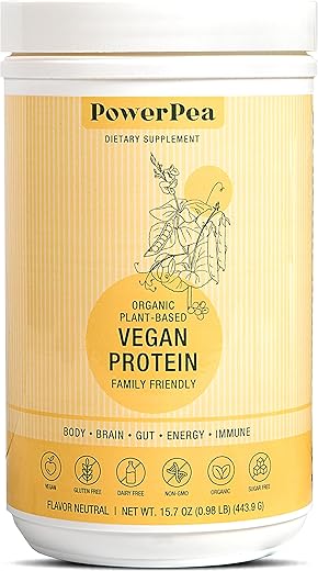 POWER PEA - Proteína Vegana à Base de Plantas Sem Sabor – Orgânica USDA com Vitaminas, Fibra, Ômega 3, Cúrcuma, Nutrição Infantil, Livre de OGM, Sem Laticínios, Sem Alergênicos, Sem Açúcar