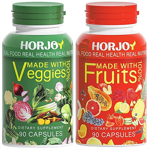 HORJOY - Suplementos Nutricionais de Frutas e Vegetais Naturais – 90 Cápsulas de Frutas e 90 Cápsulas de Vegetais (Pacote com 2)