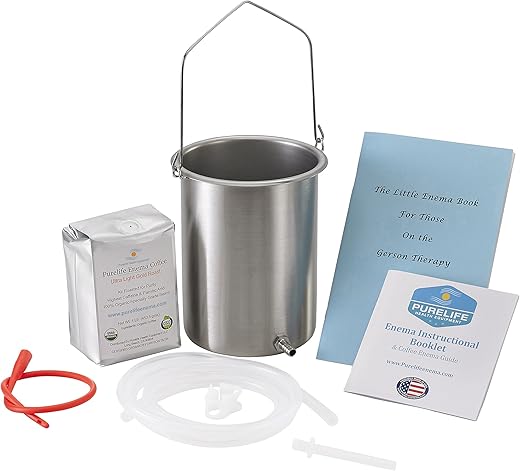 Purelife Enema - Kit de Enema de Café Detox Purelife – Fabricado nos EUA – 2 Qt / Qualidade Superior Não Tóxica Fabricada nos EUA / 1 lb de Café Enema Purelife Gold Roast Livre de Mofo – Tubulação de Silicone e Bico